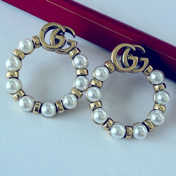 Gucci Jewelry - Gold Plated/Pearl Hoop Earrings Gucci